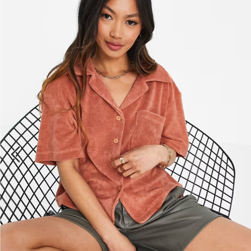 Mango Terrycloth Short Sleeve Button Up Shirt